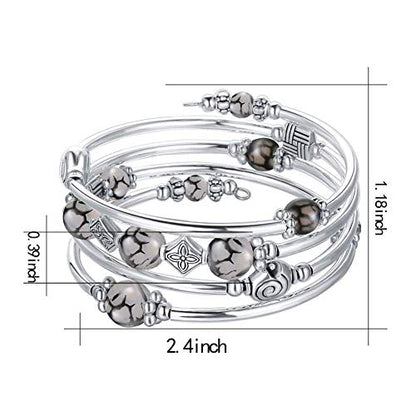 Beaded Pearl Bangle Wrap Bracelet - Fashion Bohemian Jewelry Multilayer Charm Bracelet with Thick Silver Metal Beads, Gift For Women - color: Grey