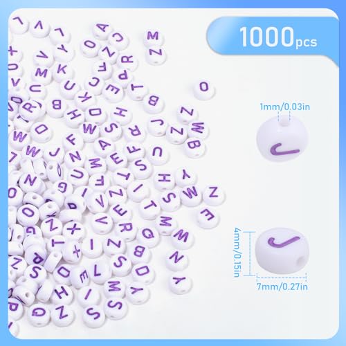 1000Pcs Acrylic White Letter Beads Alphabet Colorful Letter Purple Round Beads for Friendship Bracelets and Gifts Souvenir Jewelry Making(4 * 7mm Round) - color: White Purple(Round)