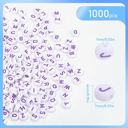 1000Pcs Acrylic White Letter Beads Alphabet Colorful Letter Purple Round Beads for Friendship Bracelets and Gifts Souvenir Jewelry Making(4 * 7mm Round) - color: White Purple(Round)