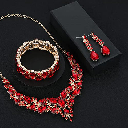 Rhinestone Bridal Jewelry Sets for Women Crystal Necklace Earrings Bracelet Set Silver-Tone Wedding Bridal Bridesmaid Gifts fit with Wedding Dress - color: B:3pcs-Red Tone Necklace + Earrings + Bracelet set