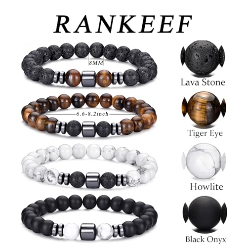 Mens Beaded Bracelets Set 8MM Tiger Eye Lava Stone Stretch Natural Stone Men's Bead Bracelet Mens Bracelet - color: 4,lava rock,tiger eye,white,black bracelet