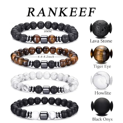 Mens Beaded Bracelets Set 8MM Tiger Eye Lava Stone Stretch Natural Stone Men's Bead Bracelet Mens Bracelet - color: 4,lava rock,tiger eye,white,black bracelet