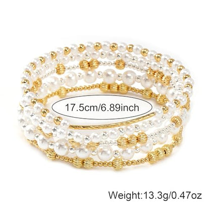 14K Gold Plated Beaded Bracelets Stack Set for Women,Stretch Boho Ball Jewelry Friendship Trendy - color: Gold silver pearl