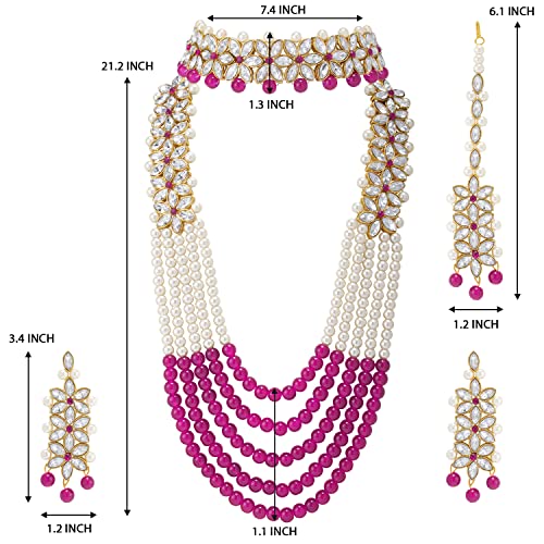 Aheli Wedding Party Wear Bridal Jewellery Choker Long Pearl Necklace Earrings Maang Tikka Indian Traditional Set Gift for Women - color: Rani Pink-1