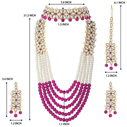 Aheli Wedding Party Wear Bridal Jewellery Choker Long Pearl Necklace Earrings Maang Tikka Indian Traditional Set Gift for Women - color: Rani Pink-1