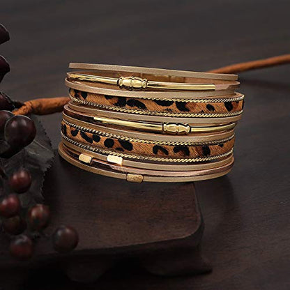 Wowanoo 3Pack Leather Cuff Bracelet Set Multilayer Wrap Bracelet Crystal Feather Tree Bracelet Magnetic Clasp Bracelet for Women - color: LeopardSnake