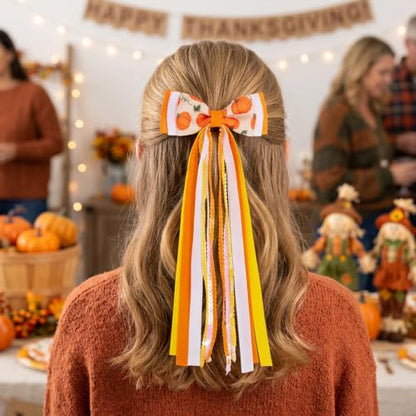 2PCS Fall Hair Bows with Long Streamers 3.54 Inch Hair Clips | Handmade Grosgrain Ribbon, Sparkling Sequin, 7.1 Inch Tail, for Ponytails, Thanksgiving Halloween Holiday Hair Accessories - color: Pumpkin