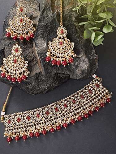 Aheli Faux Pearl Choker Necklace with Earrings Indian Traditional Bollywood Jewelry Set Gift for Women - color: Maroon