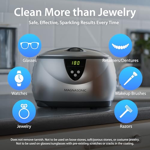 Magnasonic Ultrasonic Cleaner, 20oz Stainless Steel Tank, Digital Timer, 5 Cleaning Modes, w/ 8oz Gem & Jewelry Cleaner Concentrate Solution for All Jewelry, Eyeglasses, Watches, Dentures, Retainers - color: Silver, size: Ultrasonic Machine and Cleaning S