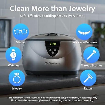 Magnasonic Ultrasonic Cleaner, 20oz Stainless Steel Tank, Digital Timer, 5 Cleaning Modes, w/ 8oz Gem & Jewelry Cleaner Concentrate Solution for All Jewelry, Eyeglasses, Watches, Dentures, Retainers - color: Silver, size: Ultrasonic Machine and Cleaning S