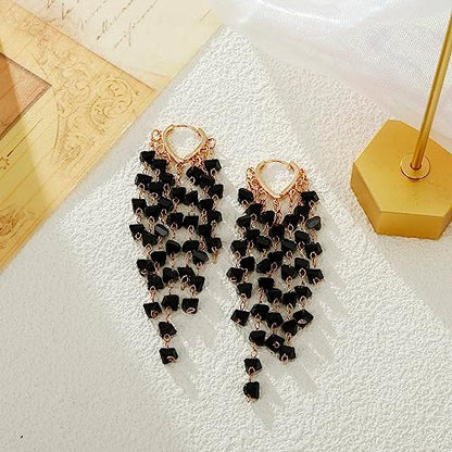 Fringe Hoop Dangle Earrings, Long Beads Tassel Chain Earrings for Women Sparkly Chandelier Earrings - color: Black