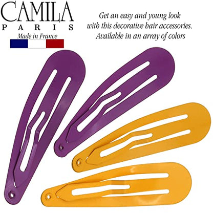 Camila Paris CP1330A French Hair Barrettes Clips, Snap Hair Slides Clic Clac for Women, Styling Girls Side Slide-in Metal Snap Pin Hair Accessories for Women. Strong Hold, No Slip Grip, Made in France - color: 4PK Metal Yellow/Purple 2"