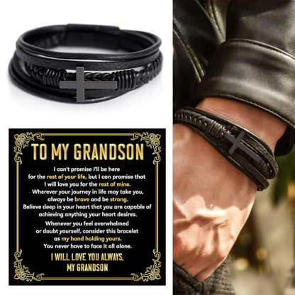 To My GrandSon Bracelet – Cross Braided Leather Bracelet, Meaningful GrandSon Gift from Grandpa & Grandma with Heartfelt Message Card & Elegant Gift Box for Birthday, Christmas, Graduation - color: Version#1