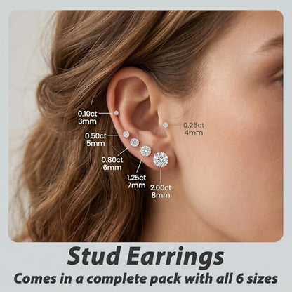 Stud Earrings Set, Round Clear Cubic Zirconia Ear Studs for Women and Men Sensitive Ears Stainless Steel CZ Earrings Hypoallergenic Cubic Zirconia Earrings Set Small Piercing Earring, 6 Pairs - color: 4-claw