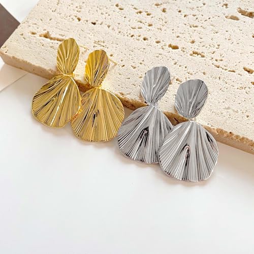Large Geometric Drop Dangle Earrings for Women Pearl Teardrop Disc Rectangle Oval Fishtail Shell Shaped Textured Dangle Studs Earrings for Women - color: Gold-Shell A