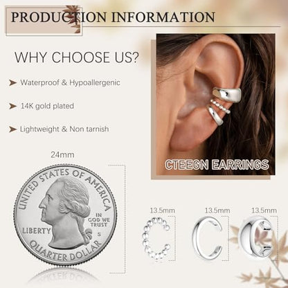 14K Gold/Silver Plated Ear Cuffs Non Piercing Set Clip On Dainty | Non Pierced Ear Cuff, Stackable Small Cartilage Hoop Huggie Set, Tarnish Resistant Hypoallergenic Trendy Jewelry Gift - style: silver style 4