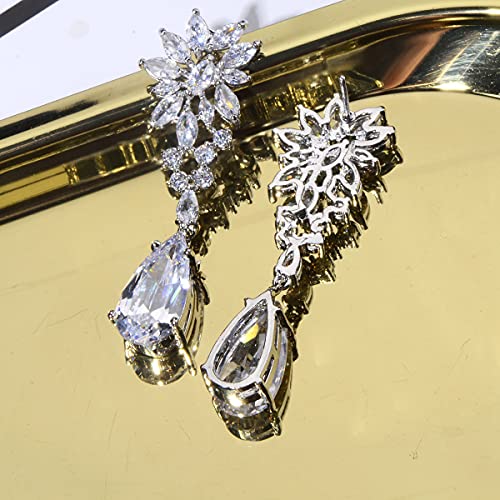 CZ Bridal Earrings for Wedding - 14k Plated Sterling Silver Elegant Teardrop Cubic Zirconia Crystal Rhinestone Floarl Leaf Cluster Chandelier Statement Dangle Drop Earrings for Bride Bridesmaids Party - color: Silver Tone