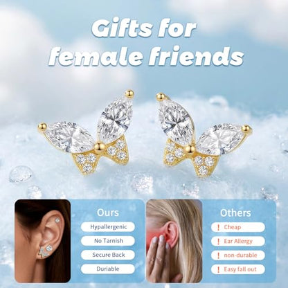 Butterfly Stud Earrings Set for Women, Small CZ Earrings Studs Set | 14K Gold Plated Stud Earring 3 Stack, Hypoallergenic with S925 Silver Posts, Everyday Jewelry Set for Women’s Daily Styling - color: Platinum