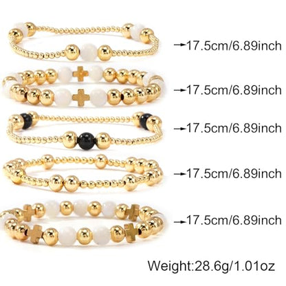 14K Gold Plated Beaded Bracelets Stack Set for Women,Stretch Boho Ball Jewelry Friendship Trendy - color: Black