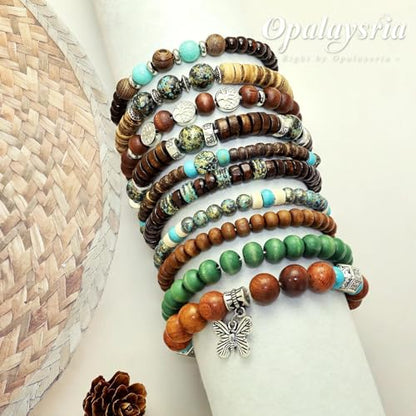 10 Pcs Stackable Bohemian Beaded Bracelets for Women Men, Nature Tree Butterfly Turquoise Wooden Beads Stretch Boho Bracelets Handmade Boho Hippie Western Chic Earthy Jewelry Gift - color: Green Beads