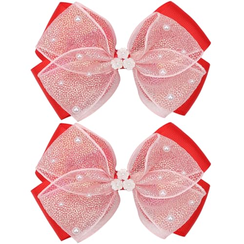 KISZU 4.5 Inch Flower Hair Bows Clips Mermaid Pearl HairPins for Girls Children Teens and Women - color: Red
