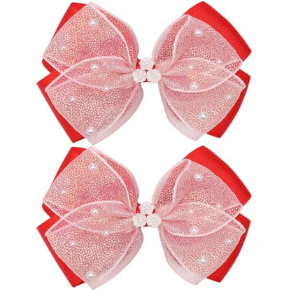 KISZU 4.5 Inch Flower Hair Bows Clips Mermaid Pearl HairPins for Girls Children Teens and Women - color: Red