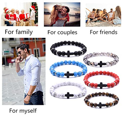 Beaded Bracelets Cross Bracelet for Women Men Lava Rock Turquoise Tiger Eye Natural Bracelet Anxiety Healing - color: 6 Pcs- black cross