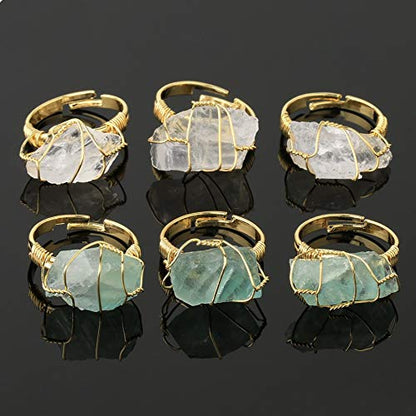 COLORFUL BLING Raw Healing Crystal Natural Stone Ring Statement Copper Wire Wrapped Irregular Crystal Gemstone Adjustalble Ring Jewelry for Women - color: Clear,Quartz