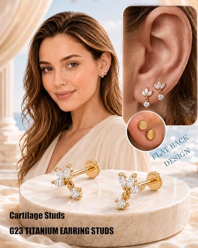 YACHY ASTM F136 G23 Titanium Flat Back Stud Earrings, Internally Threaded Screw-On Hypoallergenic Body Piercing Jewelry for Everyday Wear, Tragus Helix Conch Monroe Medusa Lip, 18G 6mm 8mm - color: Crystal Blossom--2pcs+2bar--Gold, size: 6mm+8mm