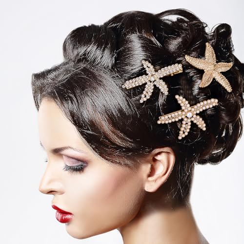 PAGOW 3 PCS Starfish Hair Clips, 3 Styles Gold Rhinestone Hair Clips, Faux Pearl Crystal Sea Star Wedding Headpiece Hair Accessories For Women Bride - color: 3pcs-gold,style2