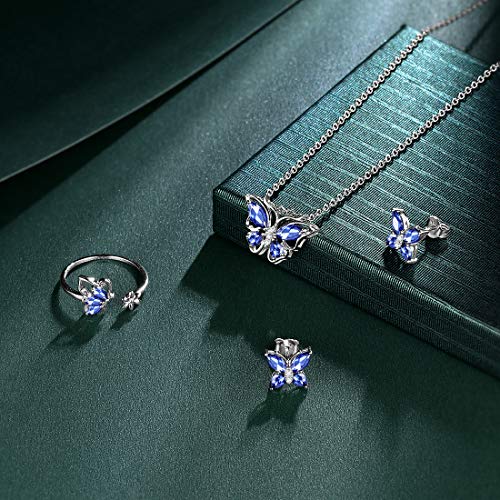 925 Sterling Silver Birthstone Butterfly Jewelry Women Crystal Animal Cute Butterflies Birthday Necklace/Earring/Ring/Bracelet Sets Birth Stone Statement Anniversary Jewellery - color: 2-L.December-Tanzanite