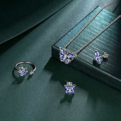 925 Sterling Silver Birthstone Butterfly Jewelry Women Crystal Animal Cute Butterflies Birthday Necklace/Earring/Ring/Bracelet Sets Birth Stone Statement Anniversary Jewellery - color: 2-L.December-Tanzanite