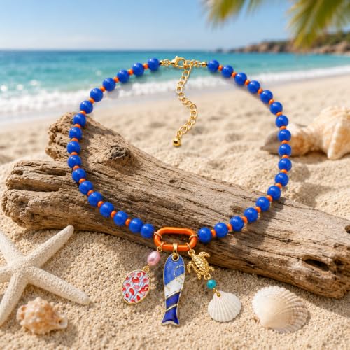 LIU JUN Colorful Beaded Necklace for Women, Chunky Boho Fish Starfish Conch Pendant Acrylic Bead Necklaces Cute Y2K Summer Beach Jewelry Gifts - color: Sea Turtle