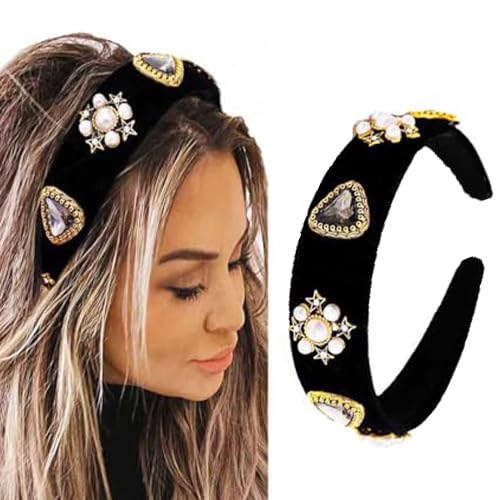 Black Baroque Headbands Pearl Rhinestones Wide Headband Velvet Jeweled Hair accessories for Women (Elegant)