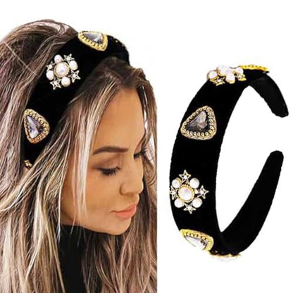 Black Baroque Headbands Pearl Rhinestones Wide Headband Velvet Jeweled Hair accessories for Women (Elegant)