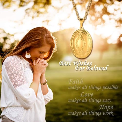 U7 Custom Photo Locket Necklace - Oval & Heart Shaped Locket - Gold/Silver/Rose Gold Personalized Image Necklaces for Women - color: 01-Oval Gold, style: c. locket+photo+text
