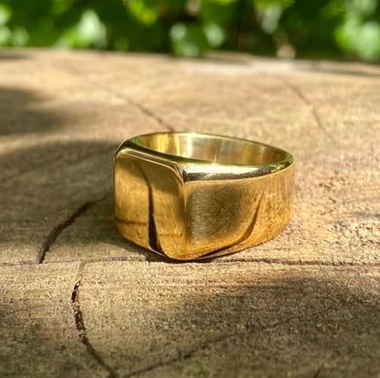 Gold Plated Signet Ring for Men & Women, Solid 925 Sterling Silver Square Face Band, Handmade Minimal Unisex Pinky Ring, Modern Gift
