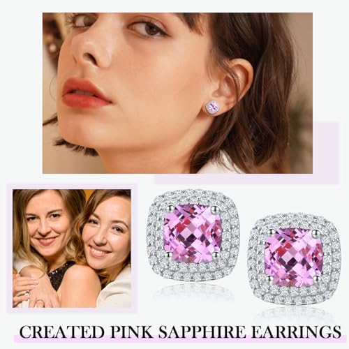 Dainty Birthstone Earrings for Women Sterling Silver Small Stud Earrings with Halo Cushion/Round Created Gemstone Earrings Birthstone Jewelry - style: A 10. Oct./created pink sapphire-cushion cut