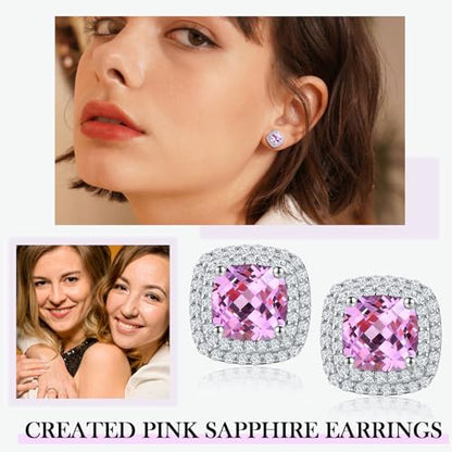 Dainty Birthstone Earrings for Women Sterling Silver Small Stud Earrings with Halo Cushion/Round Created Gemstone Earrings Birthstone Jewelry - style: A 10. Oct./created pink sapphire-cushion cut