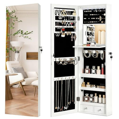 Lockable Jewelry Cabinet Organizer with Full Length Mirror, 6 Auto LED Lights, Wall & Over Door Mount Jewelry Armoire with Earring Slots, Necklace Hooks, Foldable Makeup Shelf - color: White