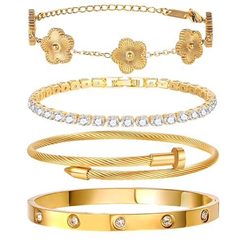 YOUNGGRACE 18K Gold Plated Womens Stackable Bracelets Set 4 Pcs – Love Bangle, Nail Bracelet, Clover & CZ Tennis Bracelet, Non Tarnish Hypoallergenic Stainless Steel Gold Layered Jewelry Gift for Her - color: Gold Floral