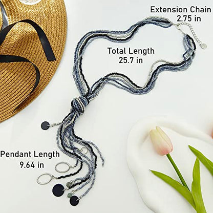 Coiris Long Seed Beaded Multi Strand Necklace,10 Multiple Statement Long Bib Necklace with Tie Knot for Women and Girls Jewelry - color: Black Grey