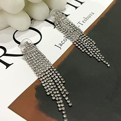 Luxval Rhinestone Earrings Dangling for Women Sparkly Silver Dangle Earrings Girls Long Chandelier Earrings Tassel Lightweight Ear Studs Cubic Zirconia Crystal Statement - color: Silver-Triangle Tassel Crystal