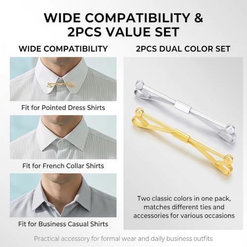Elandy 2Pcs Mens Tie Clips Shirt Collar Clip Necktie Bar Pinch Clip with Gold Silver Tone Business Tie Pins Collar Holder for Anniversary Wedding Party Meeting