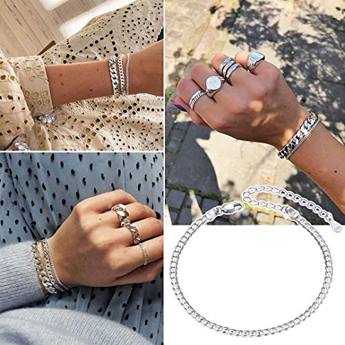 ChainsHouse Stainless Steel Herringbone Flat Chain Bracelets for Women,18K Gold/Rose Gold/Black Metal Paperclip/Snake/Cuban/Figaro Sterling Silver Link Charm Bracelet, 16+5cm Adjustable, With Gift Box - color: b. cuban-sterling silver