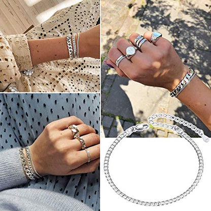 ChainsHouse Stainless Steel Herringbone Flat Chain Bracelets for Women,18K Gold/Rose Gold/Black Metal Paperclip/Snake/Cuban/Figaro Sterling Silver Link Charm Bracelet, 16+5cm Adjustable, With Gift Box - color: b. cuban-sterling silver