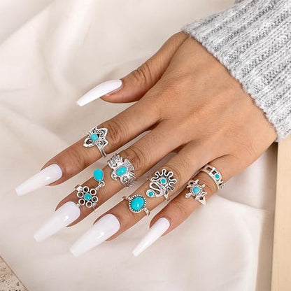 NEWITIN 20 Pieces Silver Bohemian Jewelry Set for Women Fashion Costume Jewels Turquoise Necklace Bracelet Ring Earrings Western Turquoise Jewelry Set for Women - color: Turquoise Jewelry Set D