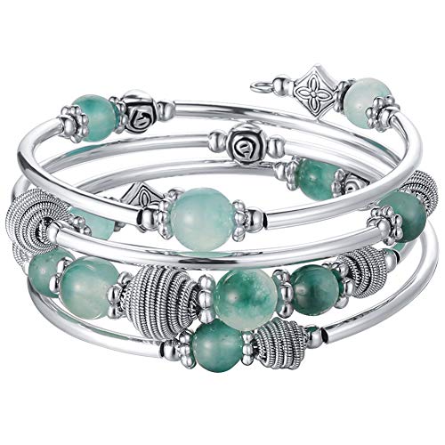 PEARL&CLUB Beaded Chakra Bangle Turquoise Bracelet - Fashion Jewelry Wrap Bracelet with Thick Silver Metal and Mala Beads, Birthday Gifts For Women - color: Jade Green