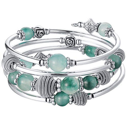 PEARL&CLUB Beaded Chakra Bangle Turquoise Bracelet - Fashion Jewelry Wrap Bracelet with Thick Silver Metal and Mala Beads, Birthday Gifts For Women - color: Jade Green