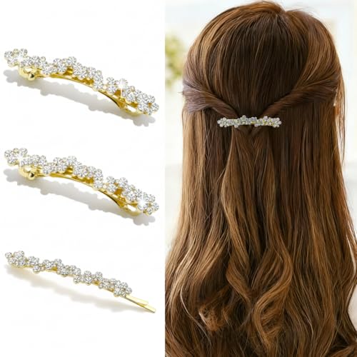 3 PCS Rhinestone Hair Clips Barrettes for Women, Gold Hair Barrettes Elegant French Fancy Clips Hairpins Decorative Headwear Sweet Accessories for Wedding Party (Rhinestone) - color: Gold-Rhinestone